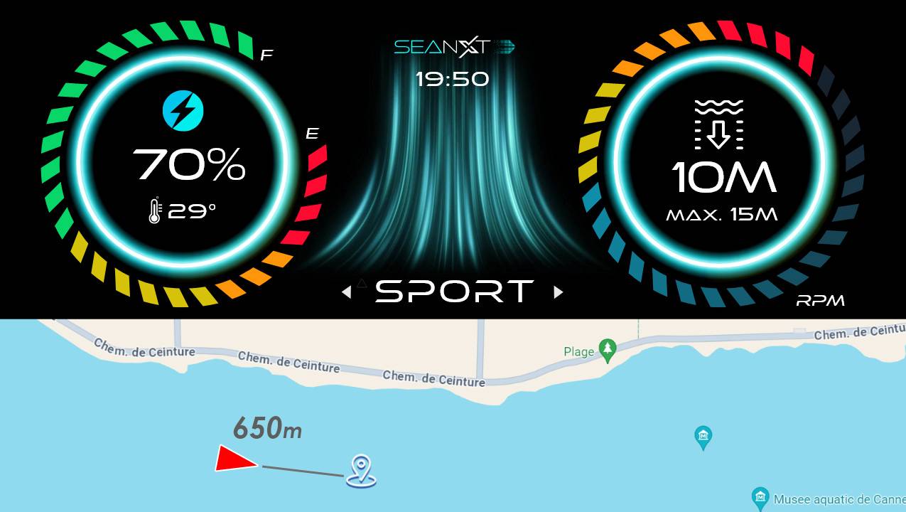 Sea NXT Elite display showing battery status and depth